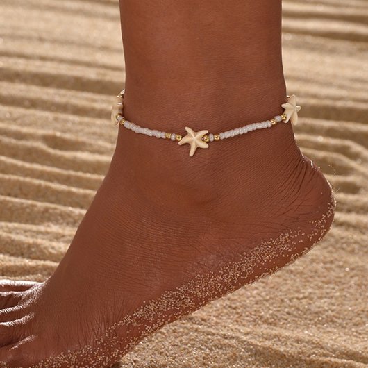 Starfish Beaded Detail Beige Alloy Anklet - Image 5