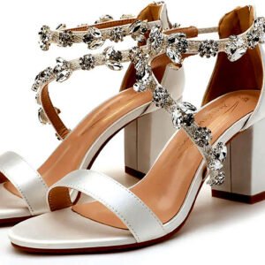 Rhinestone White Chunky High Heel Sandals