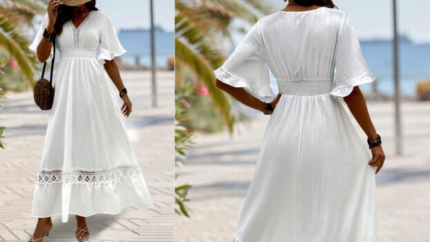 Smocked White Maxi Half Sleeve V Neck Dress