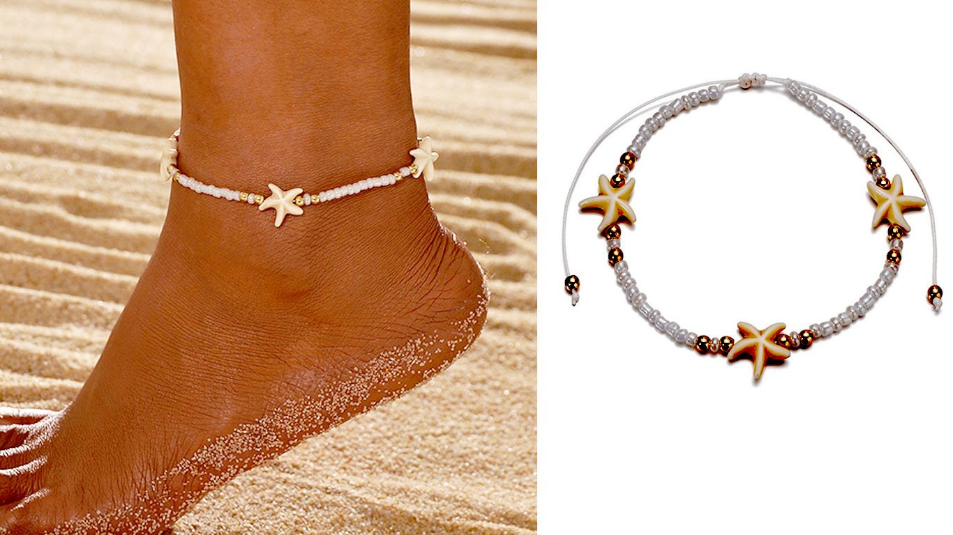 Starfish Beaded Detail Beige Alloy Anklet