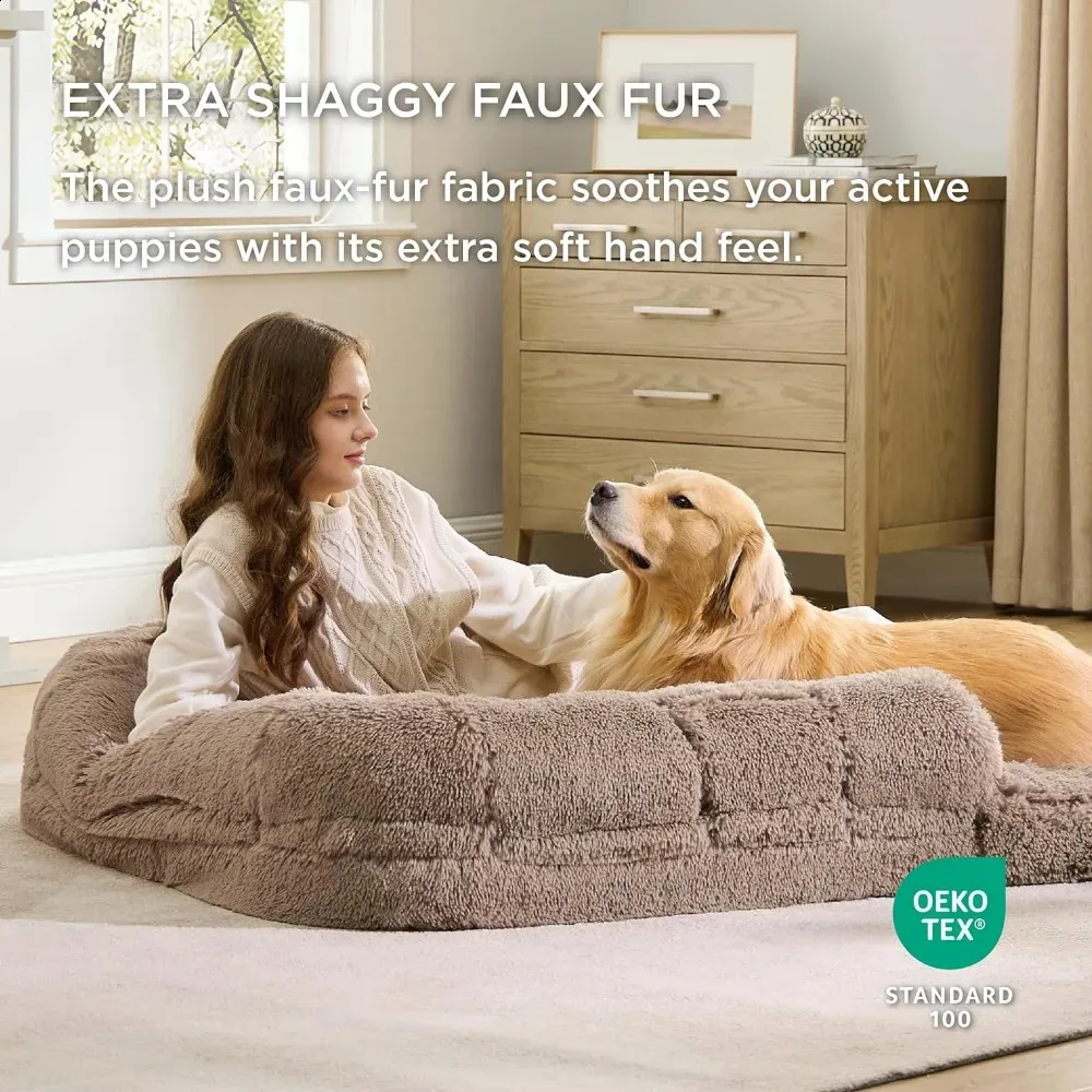 2-in-1 Calm Man Size Huge Dog Bed for Pet Families with Egg foam Support Pads and Waterproof Lined Camel Pads 241017