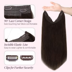 GOO GOO Wire Hair Extensions Human Hair, Adjustable Fish Line Hairpiece 14 Inch 75g, #2 Dark Brown, Remy Human Hair, 10 Inch Wide Weft, Invisible, Seamless, Comfortable Every Day.