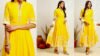 Yellow Blue Printed Cotton Anarkali Suit Set