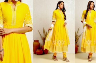 Yellow Blue Printed Cotton Anarkali Suit Set