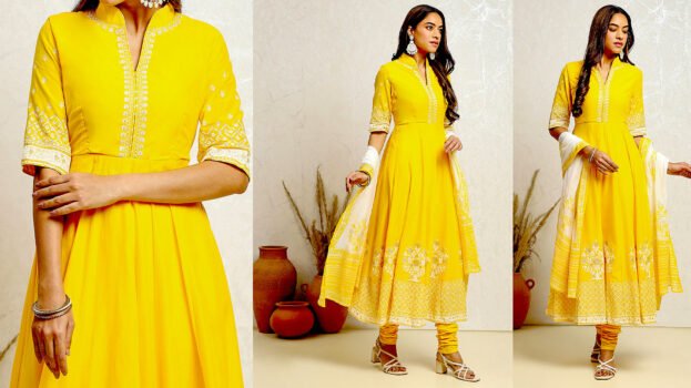 Yellow Blue Printed Cotton Anarkali Suit Set