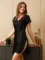 Pure Silk 100% Mulberry Silk Short Sleeve Lace V-neck Short Nightgown with Split Hem