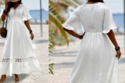 Smocked White Maxi Half Sleeve V Neck Dress