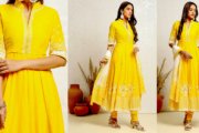 Yellow Blue Printed Cotton Anarkali Suit Set